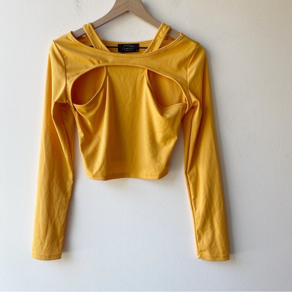 cider yellow cropped long sleeve cut out top